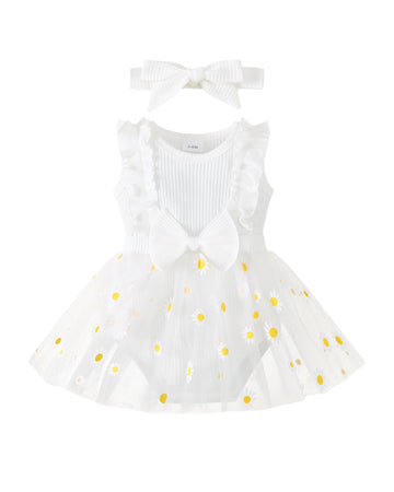 Baby Girl White Daisy Romper Flower Tulle Dress Boho Summer Coming Home Outfit Girl Baptism Wedding Party Christening