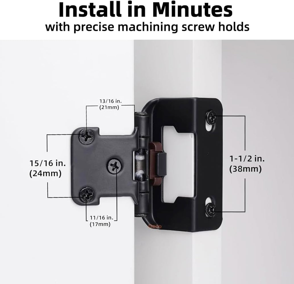 50 Pack 1/2" Overlay Black Cabinet Hinges for Cabint Doors (25 Pairs) - Self-Closing Partial Wrap Semi-Concealed Face