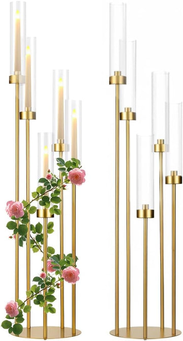 2PCS Floor Candle Holders,Tall Arcylic Candelabra Centerpiece for Tables Candelabra 5 Armntrance Decorations