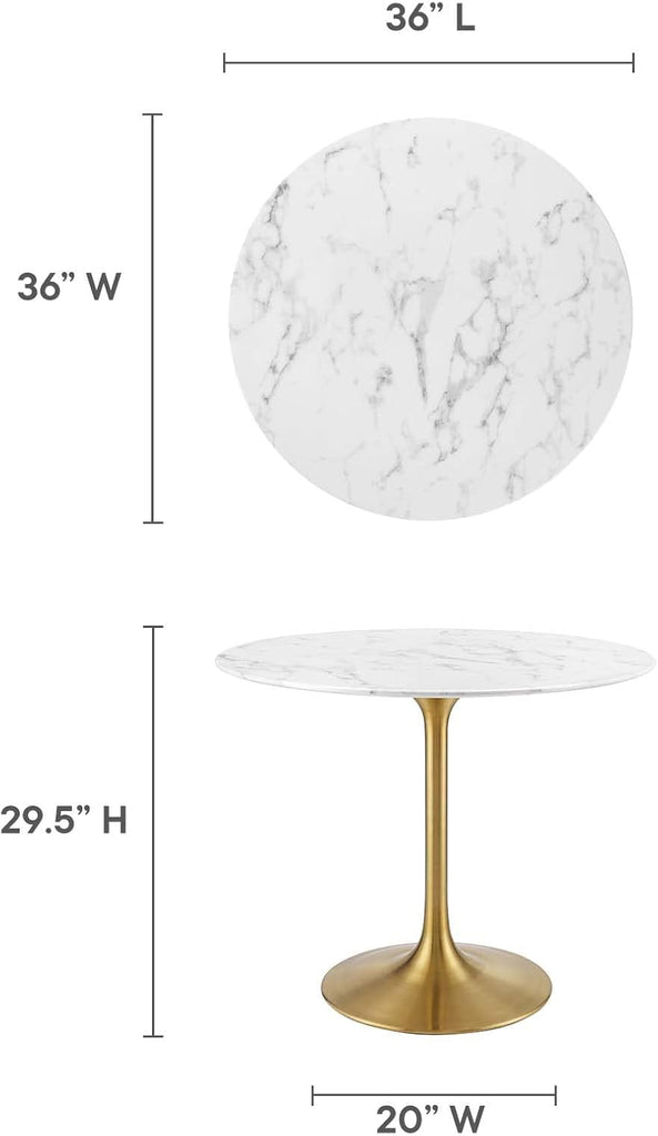 Inspired Saarinen Style Tulip Round Pedestal Dining Table — Gold Base / White Marble Top, 36″ Round