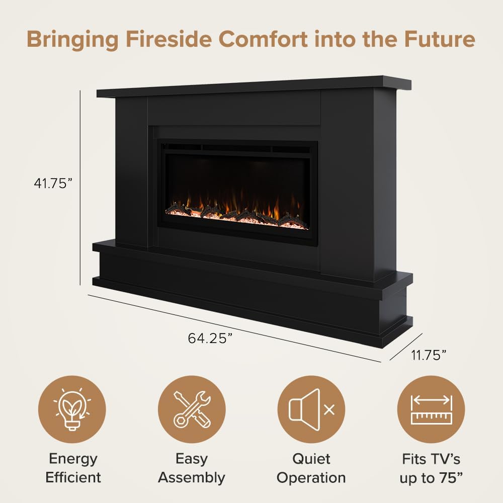 Black Mantel Package 64" W 42" H with 42 Inch Electric Fireplace - 5 Flame Colors, 10 Ember Bed Colors, Log