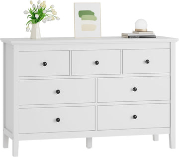 White Dresser , 7 Drawer Dresser with Wide Drawers and Metal Handles, Wood Dressers & Chests of Drawers for Hallyway