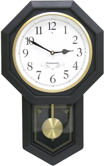 Plastic Pendulum Clock. Westminster Chime Every Hour,Elegant,Traditional Schoolhouse,Home,Office,Living Room,Bedroom. (Black Frame)
