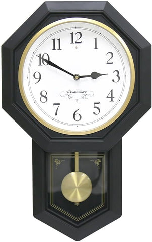Plastic Pendulum Clock. Westminster Chime Every Hour,Elegant,Traditional Schoolhouse,Home,Office,Living Room,Bedroom. (Black Frame)