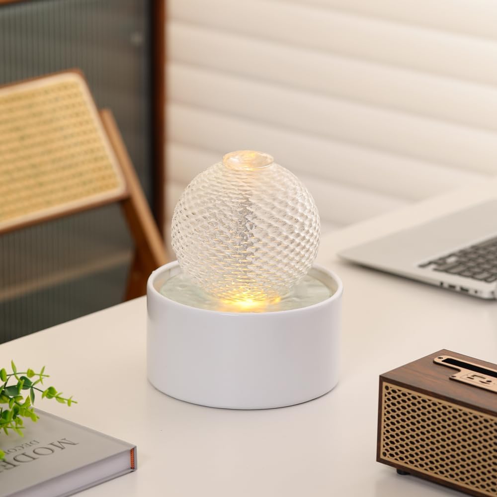 Indoor Water Feature Tabletop Ceramic Fountain Home Kitchen Office Decoration Modern Design Style (white)
