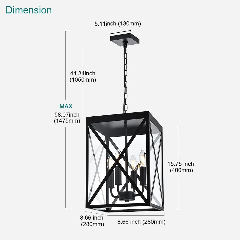 Black Outdoor Pendant Light 4 Lights Outside Pendant Hanging Light Fixture Ceiling Mount with Clear Glass Industrial