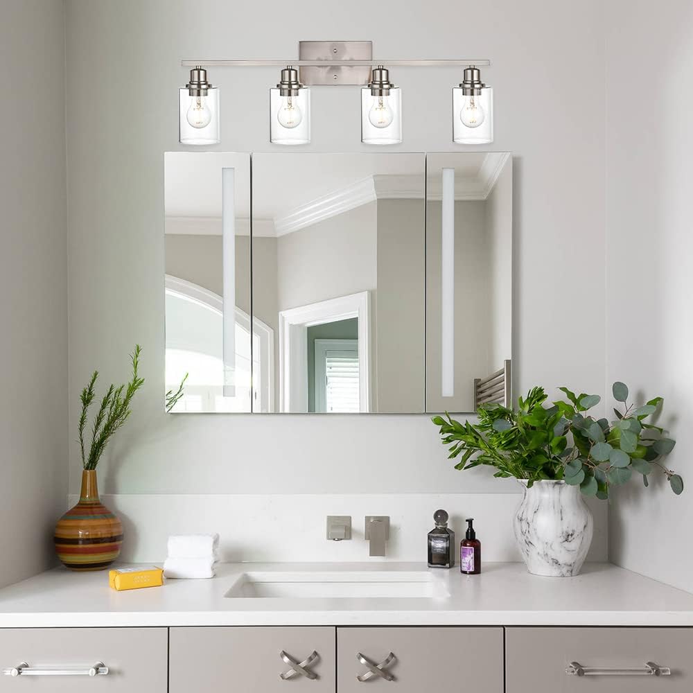 Industrial Brushed Nickel Wall Sconce with Clear Glass Shade and Metal Base,4 Light Bathroom Vanity Lighting Fixture