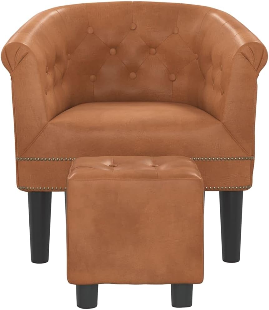 Modern Lounge Chair and Ottoman — Brown Faux Leather