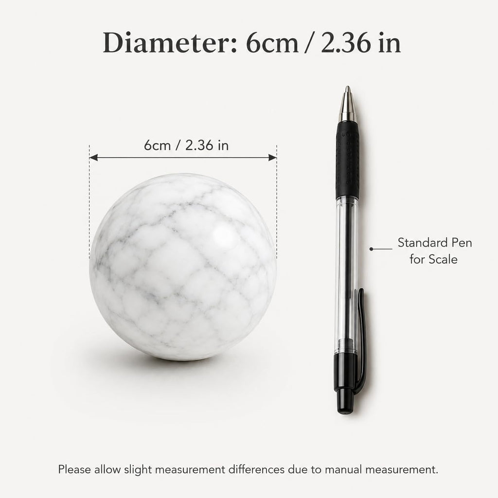 White Marble Decorative Sphere, 6cm Natural Stone Orb | 2.36 in Small Stone Bowl Filler Balls for Tray Styling, Shelf
