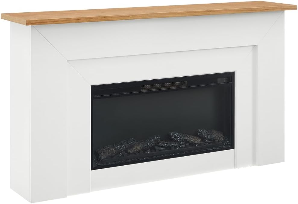 64" Freestanding Electric Fireplace with Wood Mantel, Realistic Flame and Log Display, Replaceable Heater Insert