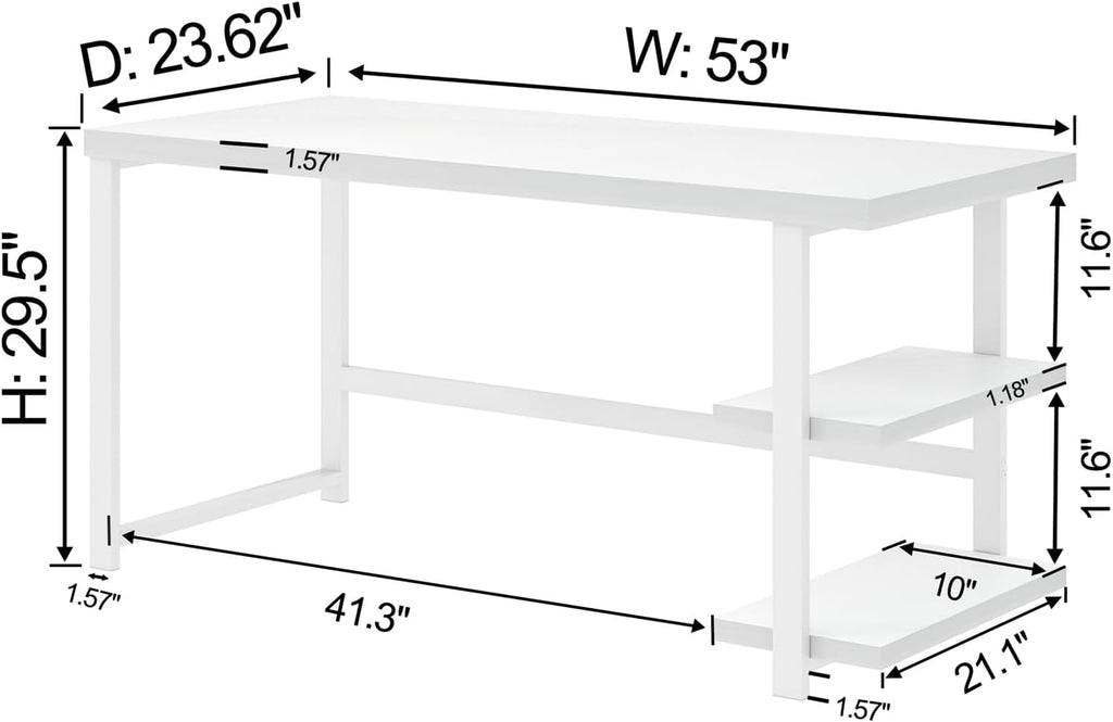 White Computer Desk, Modern Home Office Desk with Storage Shelf, Wood and Metal Writing Study Table Bedroom, 53 Inch