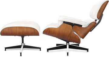 Mid-Century Modern Lounge Chair & Ottoman — White Bonded Grain Leather, Walnut Base, Premium Tall Back
