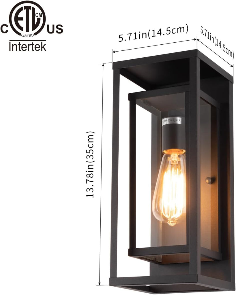 14" Classic Outdoor Wall Sconce 1 Light in Matte Black Rectangular Metal Frame and Clear Glass Shade Waterproof Porch