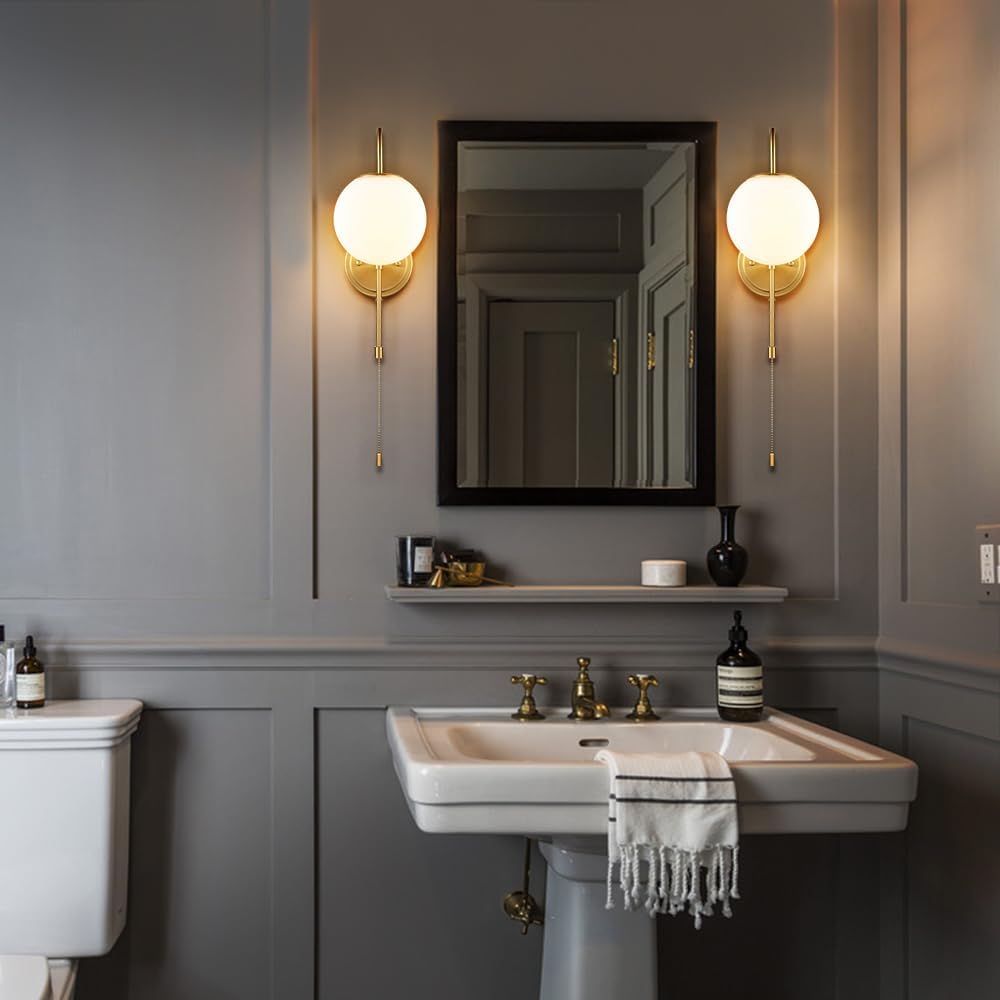 Modern Gold Wall Sconce Milk White Globe Wall Light Fixtures with Pull Chain Switch for Bedroom Bathroom Balcony