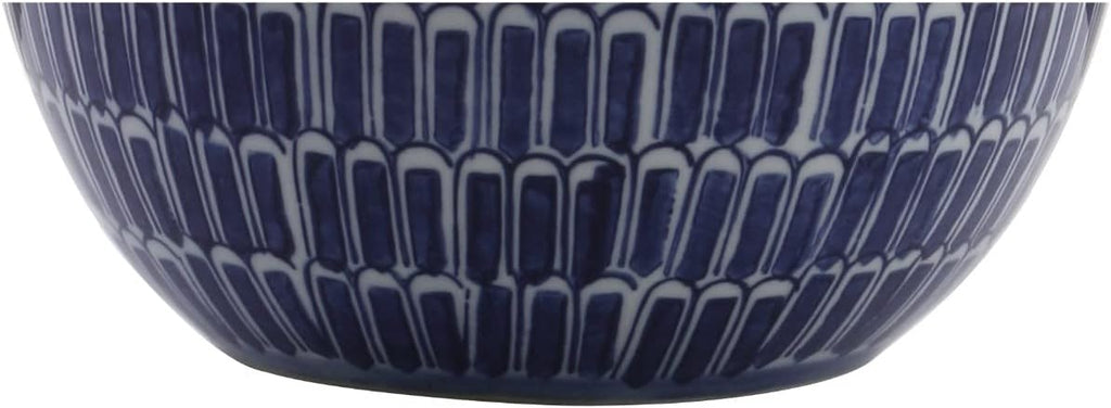 21" Navy Ceramic Hand-Painted Scallop Sphere Table Lamp, Coastal Transitional Bedside Lamp with White Linen Drum Shade