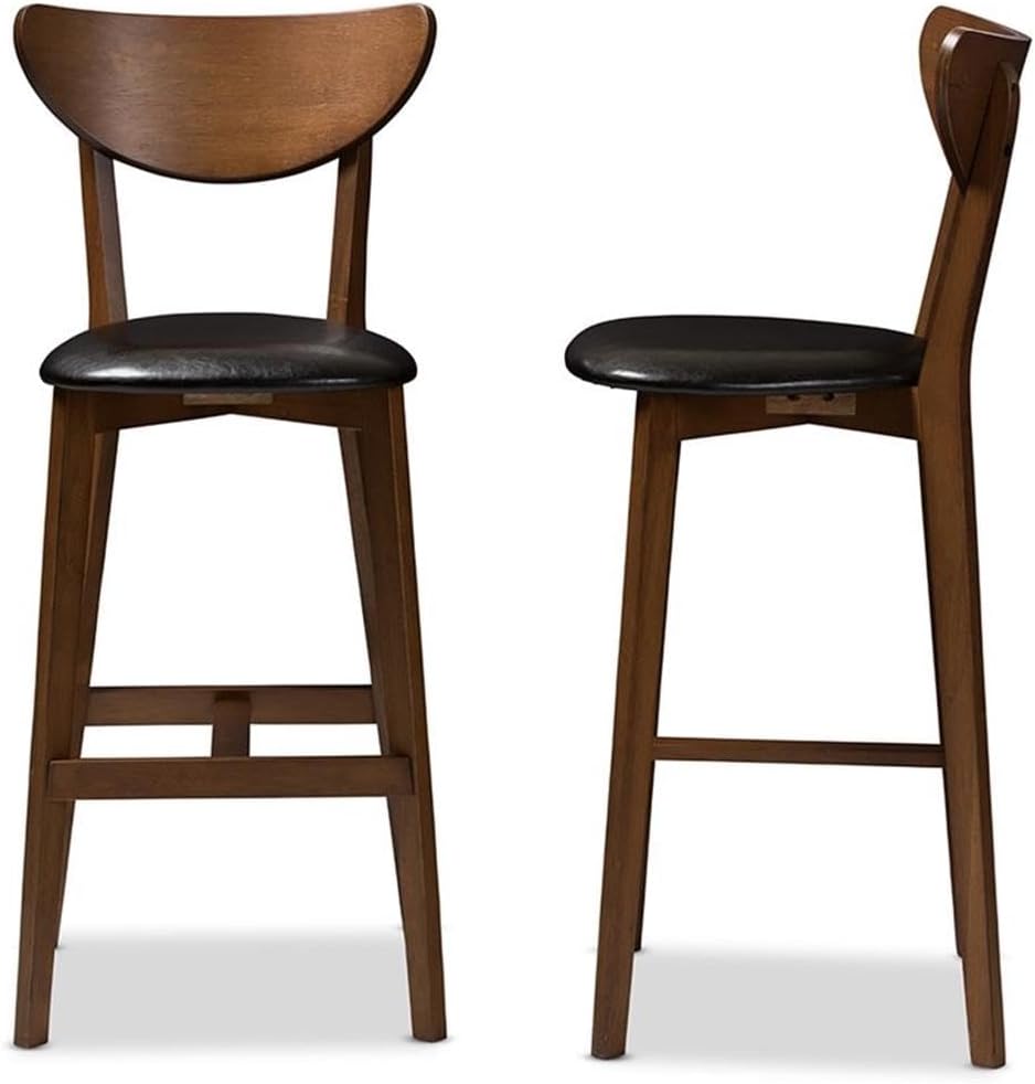 30" Bar Stools, Faux Leather and Rubberwood, Black and Walnut Brown Finish, Set of 2, Bentwood Back, Mid-Century