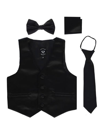 Black Infant Boys 4 Piece Formal Satin Vest Set Zipper Tie Bowtie Hanky