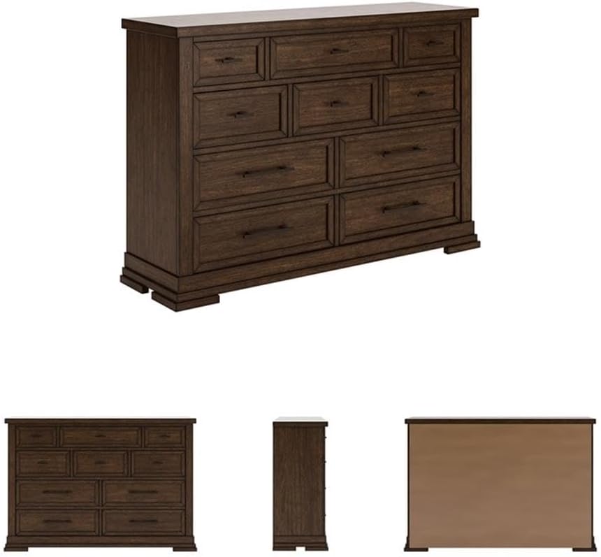 10-Drawer Double Dresser, 64 in Wide, Solid and Engineered Wood, Brown Finish, Picture Frame Detailing, Felt-Lined