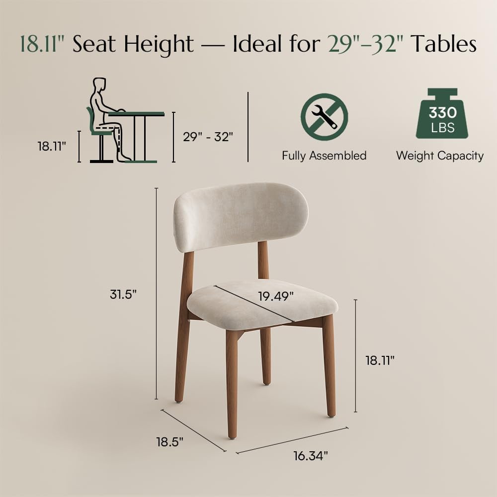 Mid-Century Modern Dining Chairs Set of 2, Fully Assembled Dining Chairs, Solid Ash Wood Frame, Textured Linen Blend