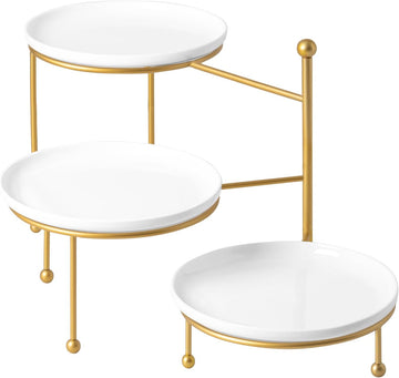 3 Tiered Serving Stand with White Porcelain Plates, 10" Round Tray, dessert table display set, Gold Metal Stand