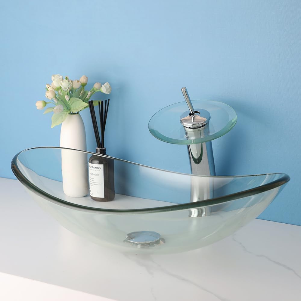 22 Inch Bathroom Vessel Sink with Waterfall Faucet and Pop-Up Drain Combo,Clear Glass Sink Bowl Above Counter Oval