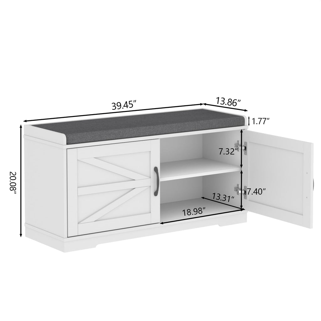 Shoe Storage Bench, 2-Tier Farmhouse Entryway Bench with Padded Seat Cushion, 13.78" D x 39.37" W x 19.69" H, Slim