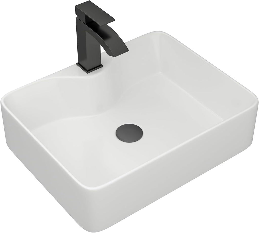 19 In. White Vessel Sink for Bathroom, Rectangular Above Counter Porcelain Ceramic Sink with Black Accessories