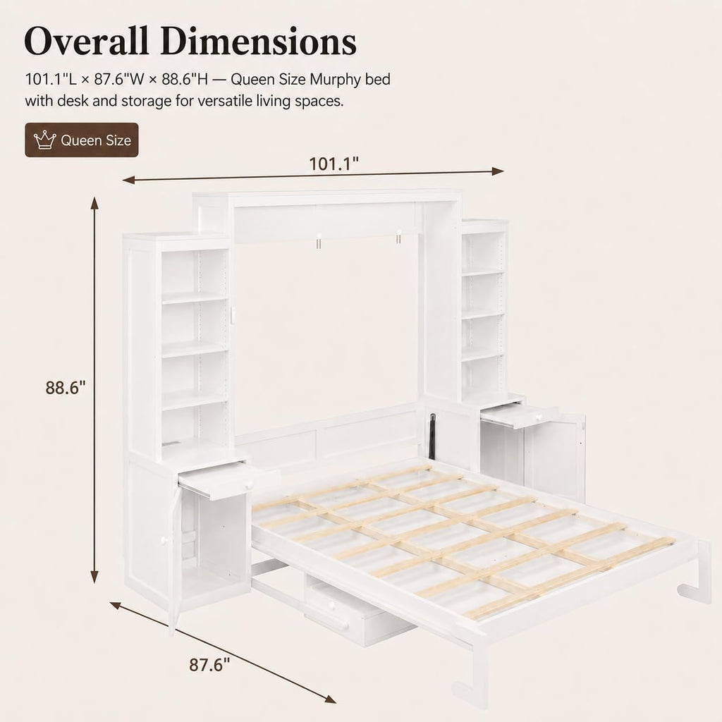 Queen Murphy Bed with Desk, Wall Bed Cabinet with Storage Shelves, Enclosed Cabinets and Hidden Foldout Workstation