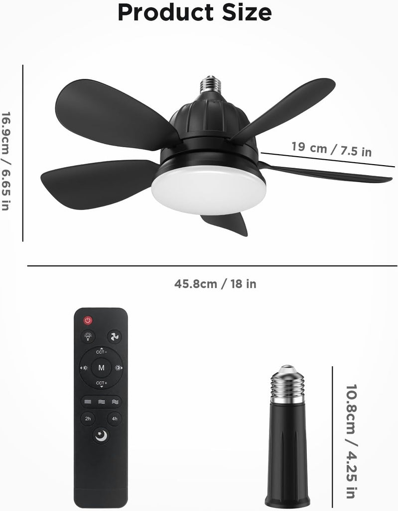 Socket Fan Light with Remote: 18'' Small Ceiling Fans with Lights, 2000 Lumens Dimmable Led Bulb, 3 Colors 3000K-6500K, Easy Install Screw in E26 Base for Bedroom Living Room Kitchen Garage