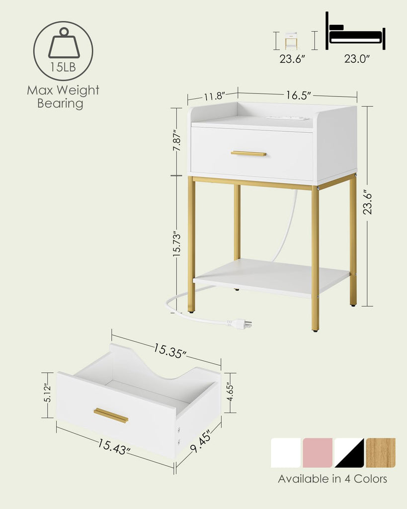 Nightstand with Charging Station, Modern Bedside Table with Drawer and Legs, White and Gold Night Stand with Open