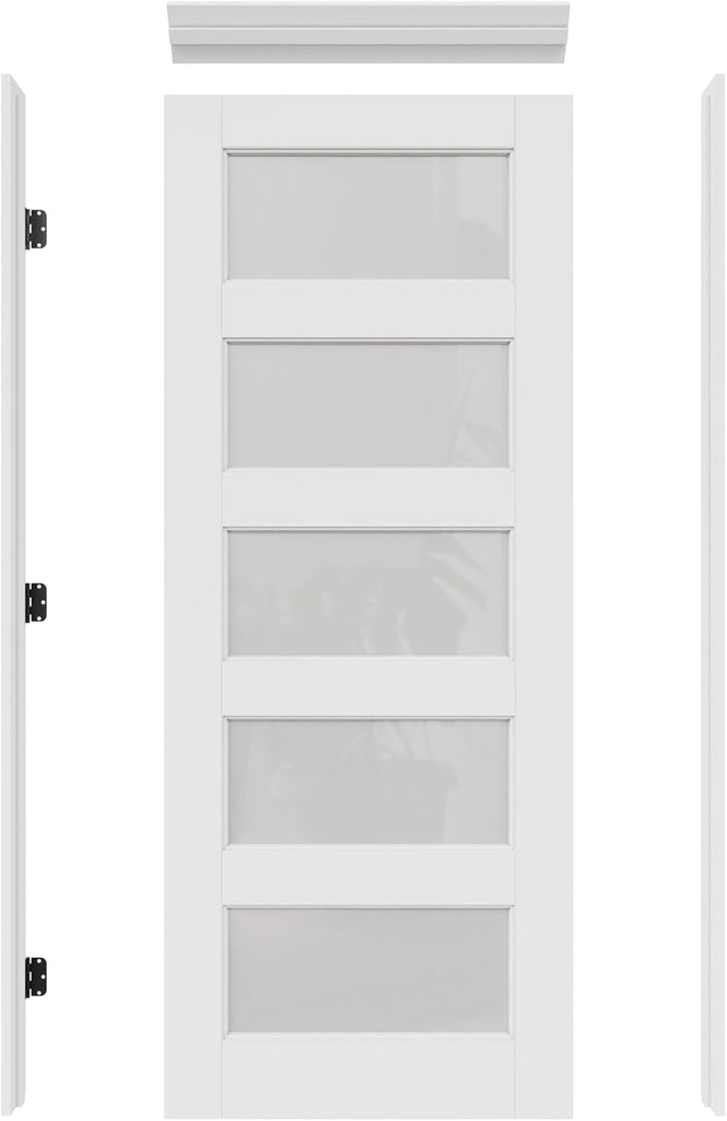 32" x 80" Prehung Door Interior, 5-Panel Tempered Frosted Glass Solid Core Door Slab with Easy Assembly Jamb Kit, Black Hinges, Left Hand Inswing, Paintable Prefinished Surface