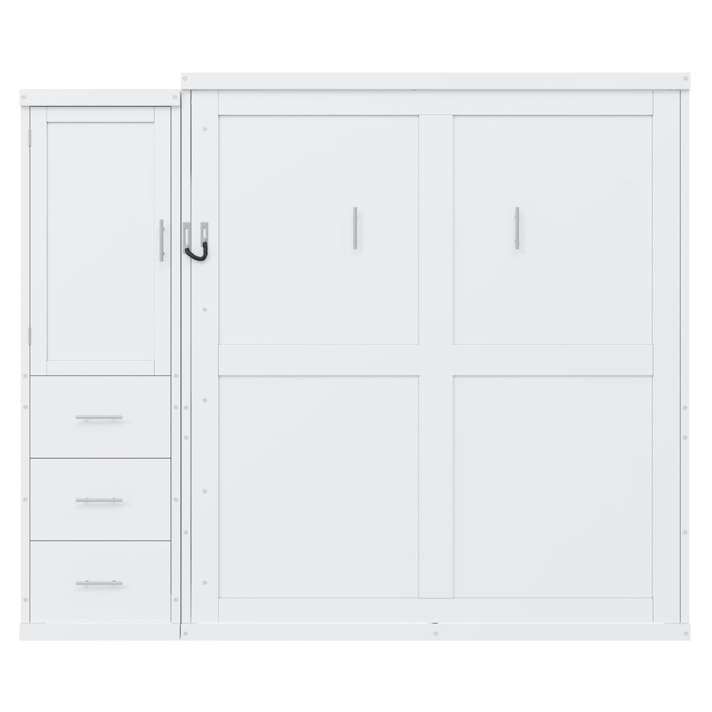 Queen Murphy Bed with Storage Cabinet, Foldable Space-Saving Wood Wall Bed Frame with Wardrobe and 3 Drawers, Hidden