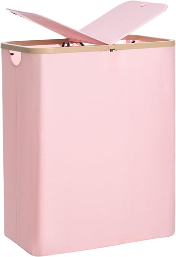 160L Double Laundry Basket Hamper with Lid & Removable Bags, Pink | Extra large 2-section collapsible clothes hamper