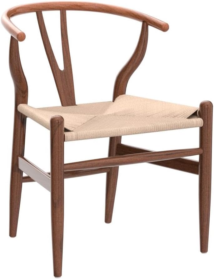 Wishbone Chair, Weave Solid Wood Mid-Century Modern Y Shaped Backrest Dining Chair (Walnut Set of 2)
