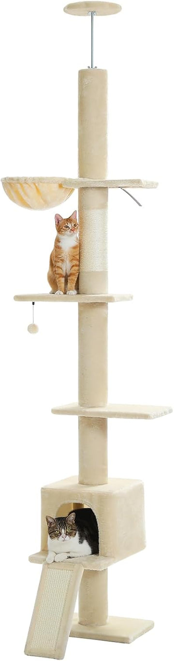 Floor to Ceiling Cat Tree, Adjustable 83-108in 5-Level Tower, Beige