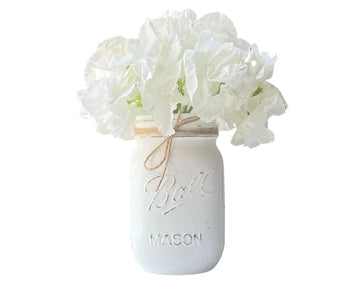 Small White Mason Jar with Ivory Hydrangeas - 16 oz Painted Rustic Vase for Modern Farmhouse Home Decor - Mini Floral
