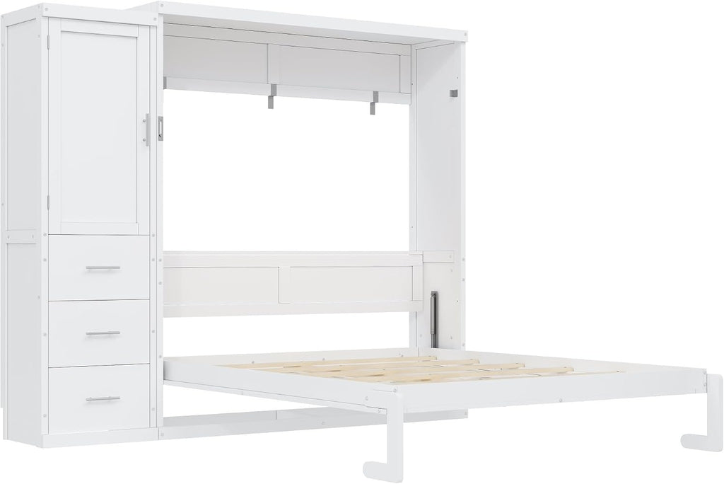 Queen Murphy Bed with Wardrobe, Farmhouse Hidden Foldable Wall Bed Frame with Storage Drawers, Space-Saving Storage