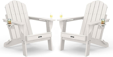 Folding Adirondack Chairs Set of 2, HDPE Outdoor Chair with 2 Cup Holders | All-weather, Wooden Texture, Oversized