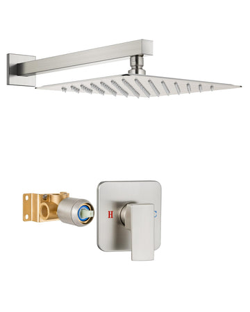 12 Inch Square Rain Shower Faucet Set with Valve, Brushed Nickel
