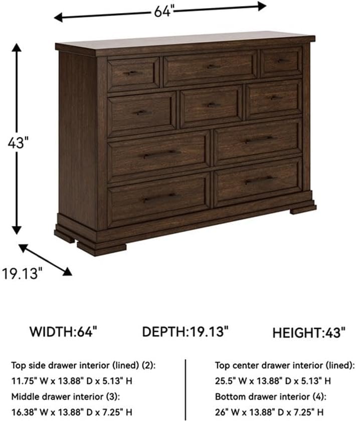 10-Drawer Double Dresser, 64 in Wide, Solid and Engineered Wood, Brown Finish, Picture Frame Detailing, Felt-Lined
