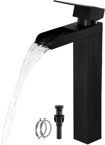 Black Tall Waterfall Bathroom Faucet, Single Hanlde Vessel Sink Faucet with Waterfall Spout