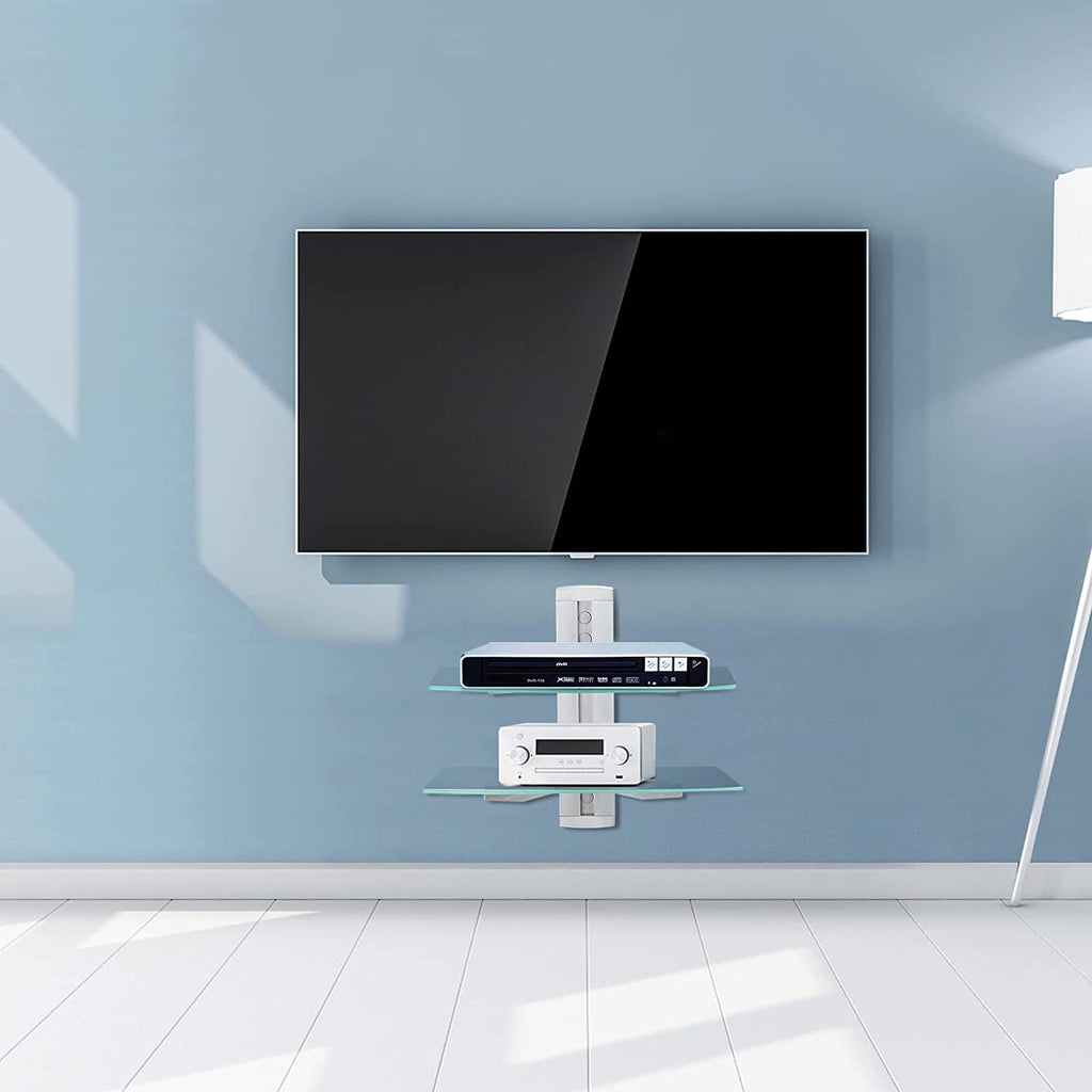 2 Tiers Glass Floating Shelves, Flat Black Wall Mount Bracket, AV Shelf, Media Shelf for DVD Player / PS4 / Cable