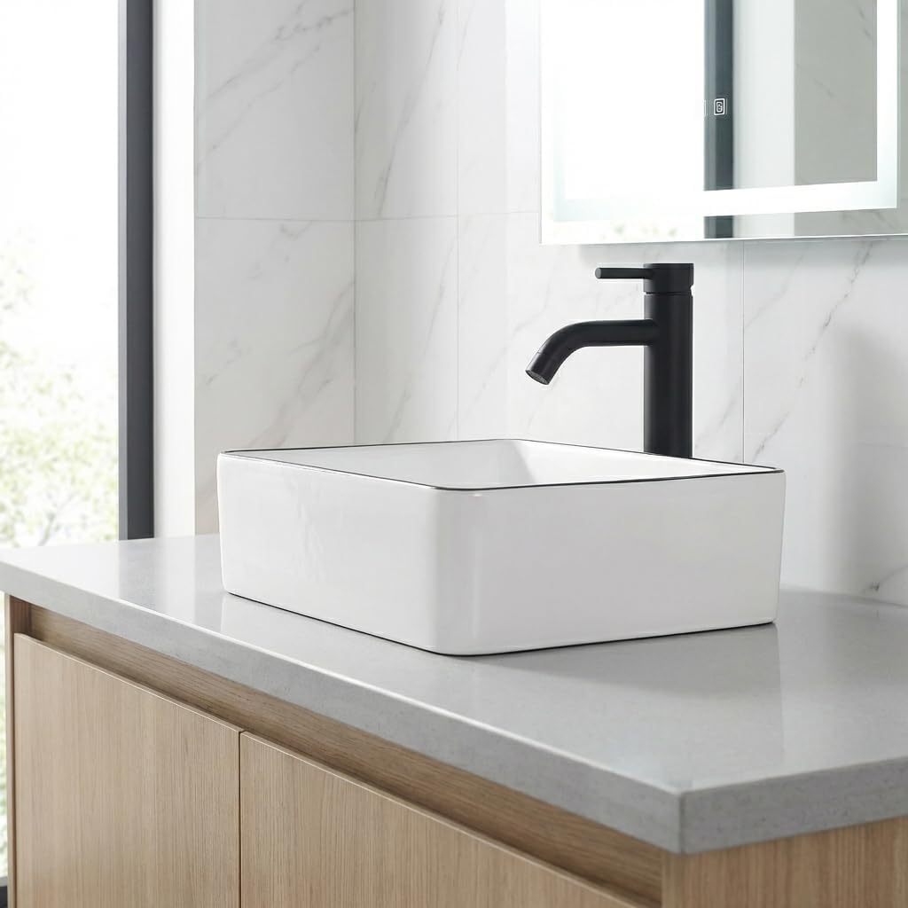Rectangle Vessel Sink, 16"x12" Above Counter Bathroom Sink Rectangular Small White Ceramic Vessel Sinks for Bathrooms