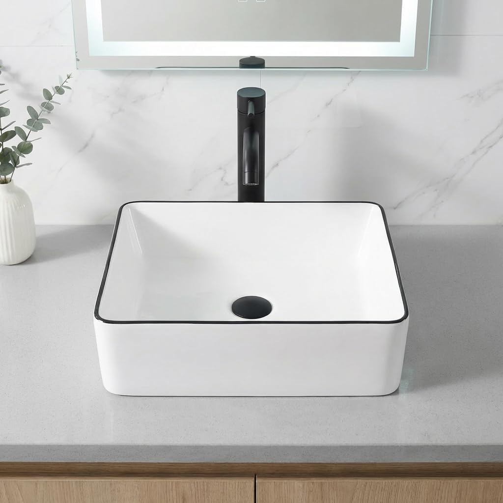 Rectangle Vessel Sink, 16"x12" Above Counter Bathroom Sink Rectangular Small White Ceramic Vessel Sinks for Bathrooms
