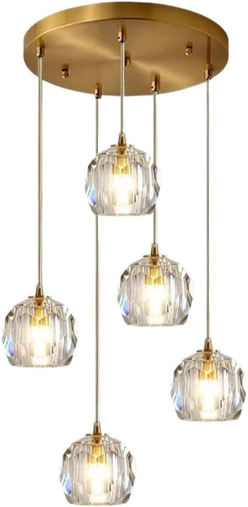 Chandelier Light Modern Chandelier Copper Crystal Pendant Light 47" Long Adjustable Ceiling Light for Living Room Staircase Hotel Ceiling Lighting Fixture(5 Head)