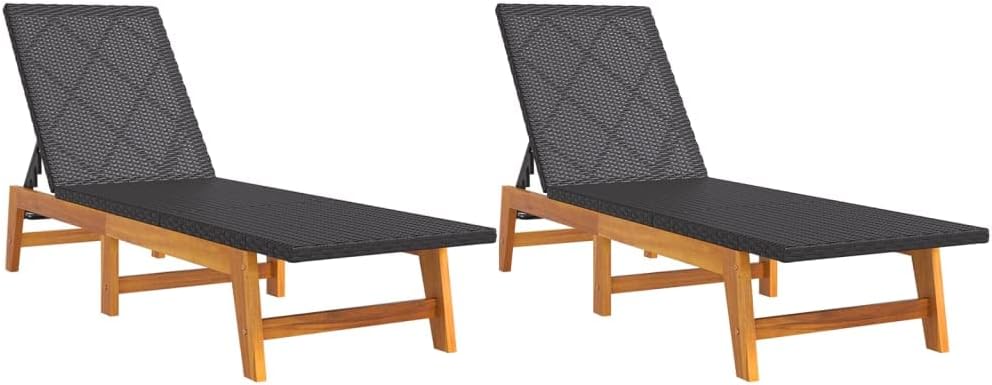 Sun Lounger Set of 2, Adjustable Outdoor Chaise Lounge Chair Poolside Garden, Modern Black Brown PE Rattan with Solid