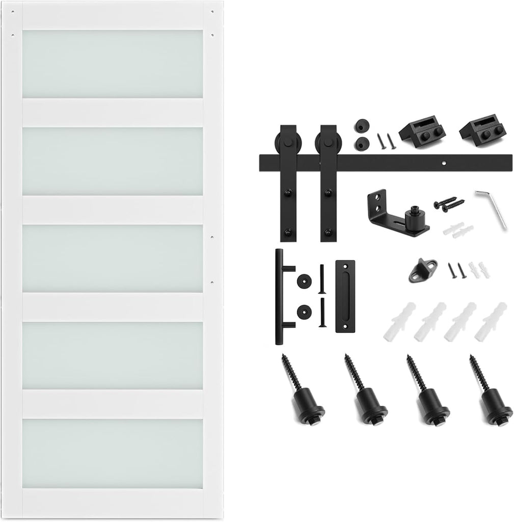34 x 84 in Glass Barn Door with 6FT Sliding Hardware Kit & Handle, Pre-Drilled Ready to Assemble, Wa