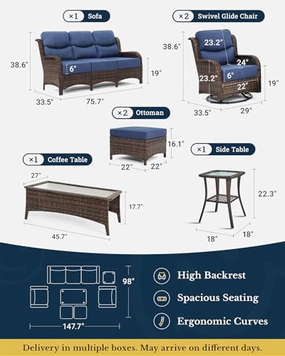 7-Piece Wicker Outdoor Patio Furniture Set - Swivel | Blue with Thick Cushions for Patio, Garden & Porch