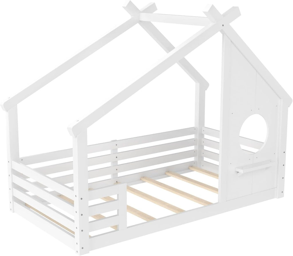 Solid Wood Tw Shape Floor Bed Frame for Kids with Window, Roof, Guardrails and Small Shelf, Montessori Low Profile