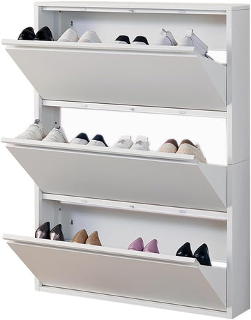 Shoe Storage Cabinet with 3 Flip Drawers, Hidden Slim Narrow Shoe Rack Cabinet, Wall Mount Metal Shoe Cabinet , White